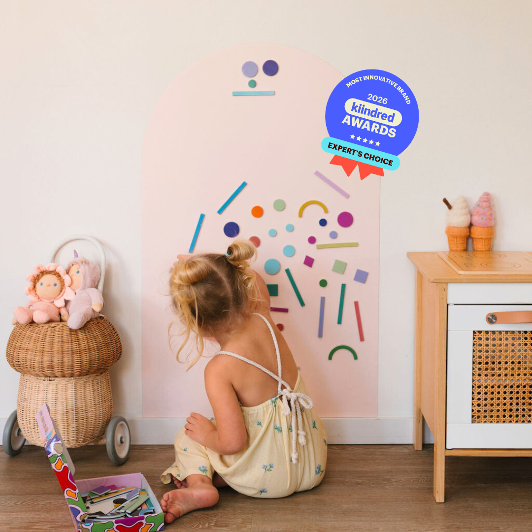 SmartyPals Magnetic Playwall set up on a smooth wall as a screen-free play space